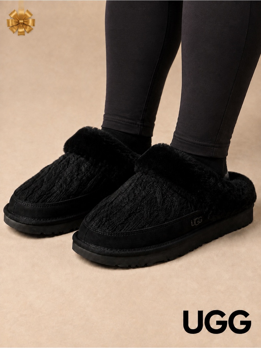 UGG Cozy Knit Shearling Lined Black Slippersso Size 8